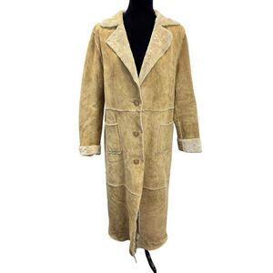 GUESS Y2K Vintage Suede Penny Lane Coat Shearling Lined Tan Brown Size L